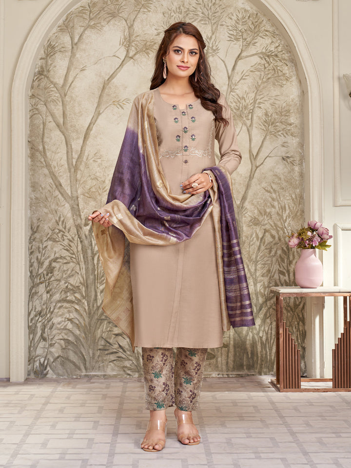 Beige Embroidered Suit Set