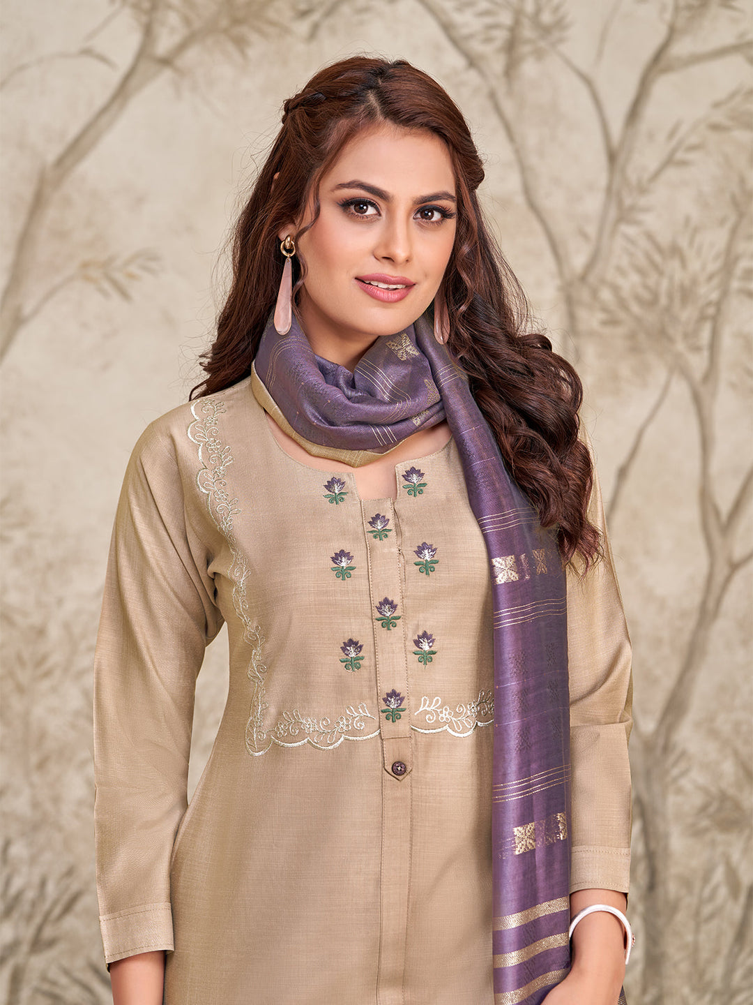 Beige Embroidered Suit Set