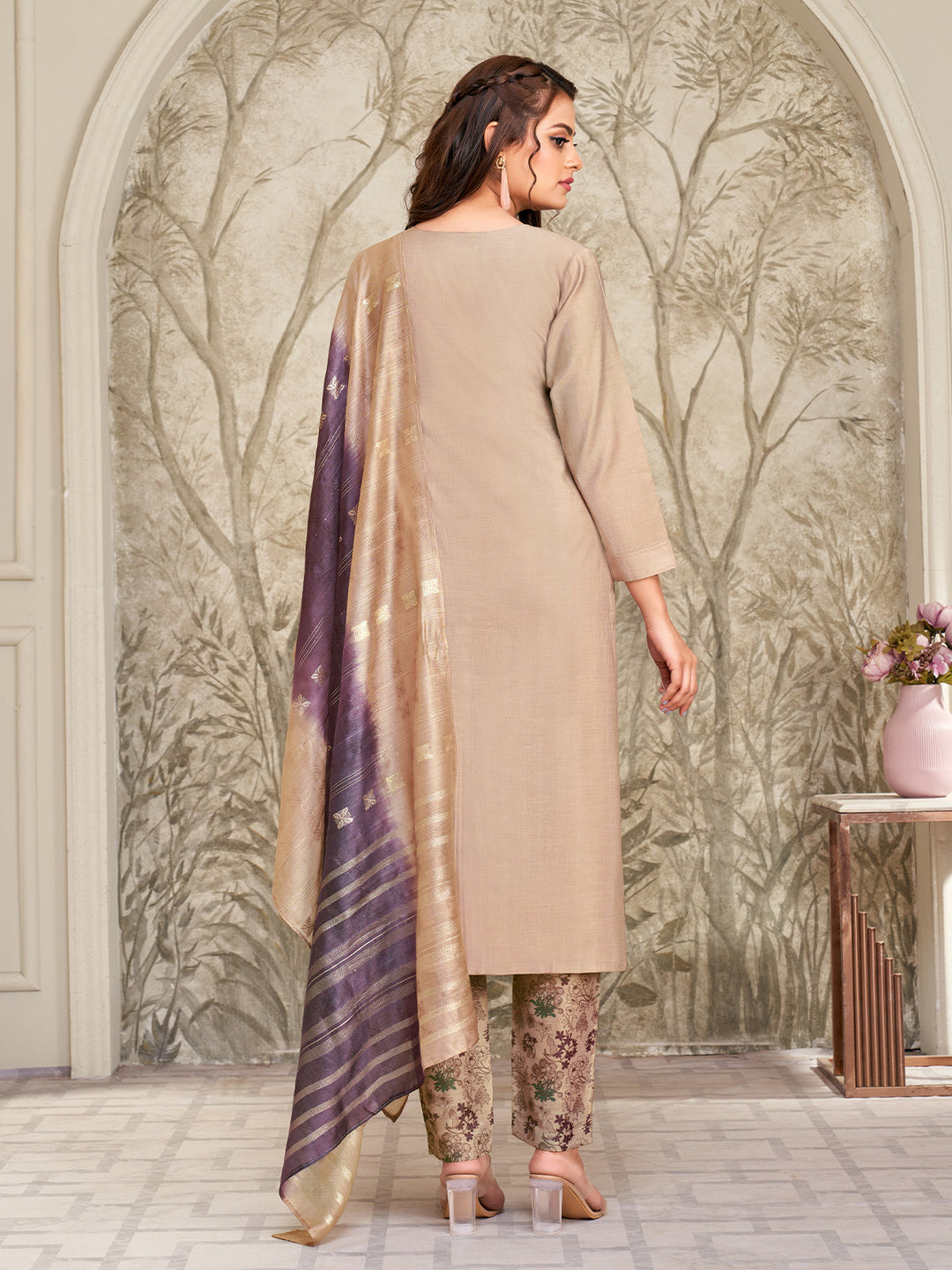 Beige Embroidered Suit Set