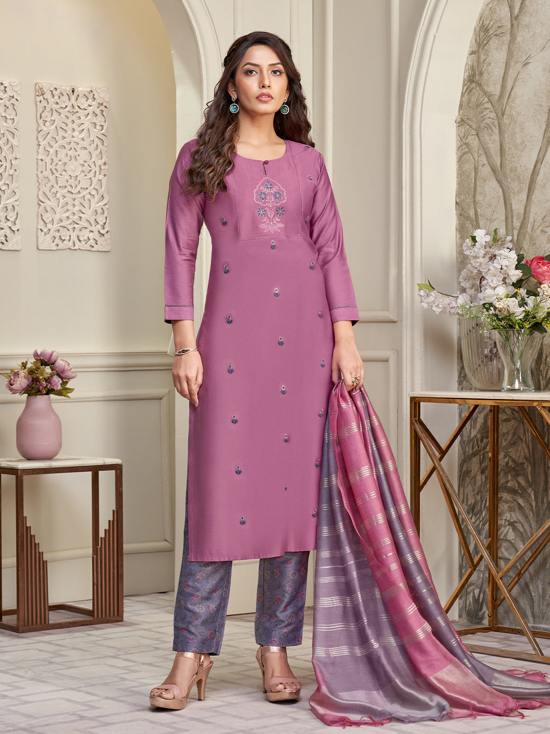 Deep Pink Embroidered Suit Set