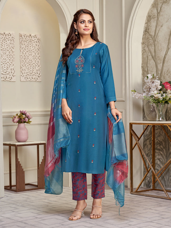Bright Blue Embroidered Suit Set