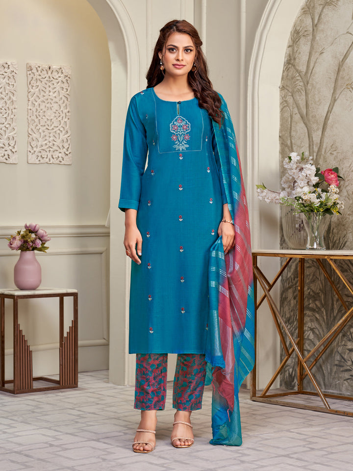 Bright Blue Embroidered Suit Set