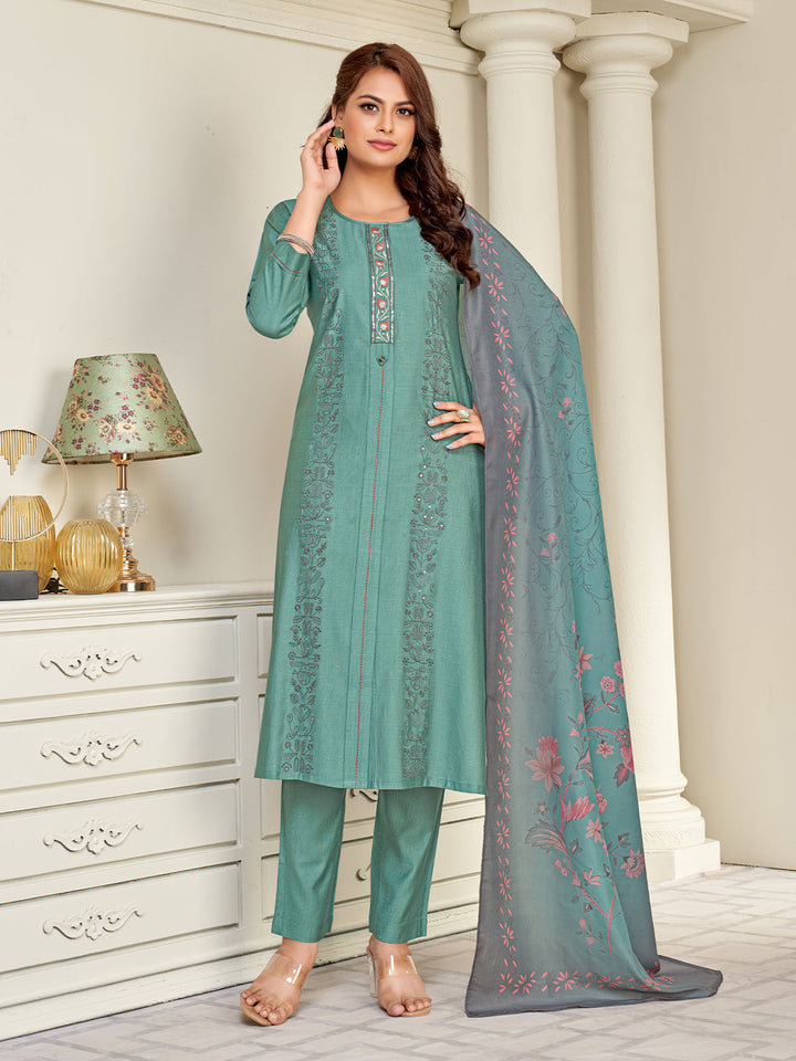 Teal Embroidered Suit Set