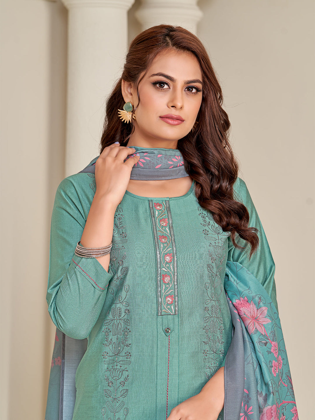 Teal Embroidered Suit Set