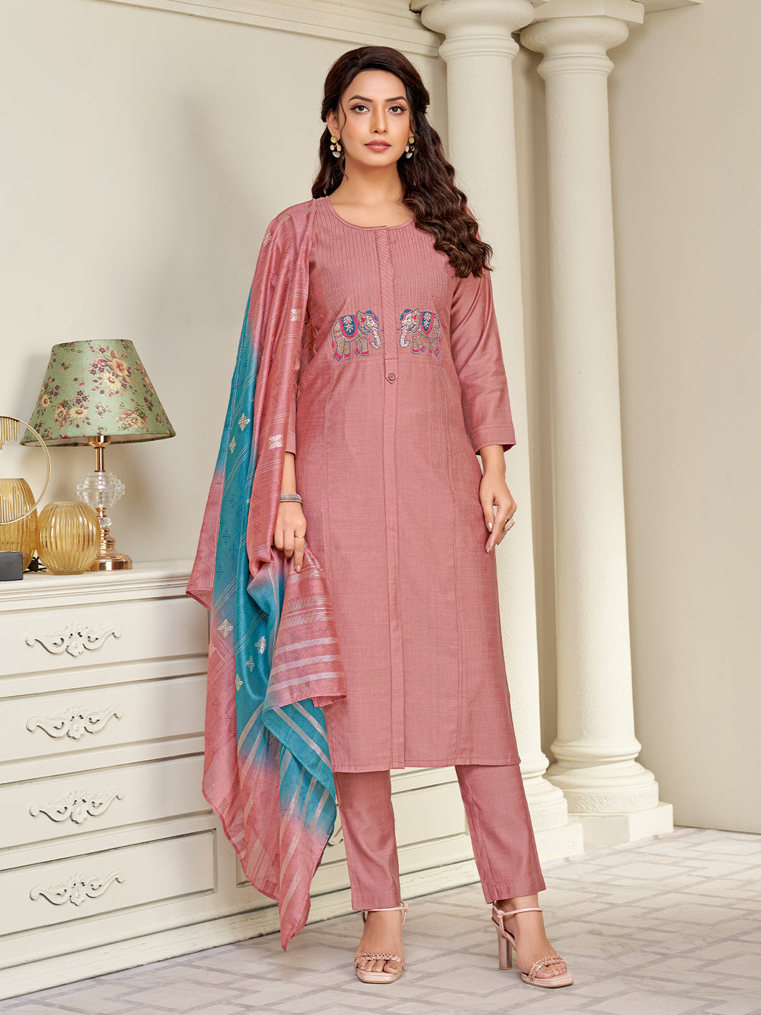 Dusty Pink Embroidered Suit Set