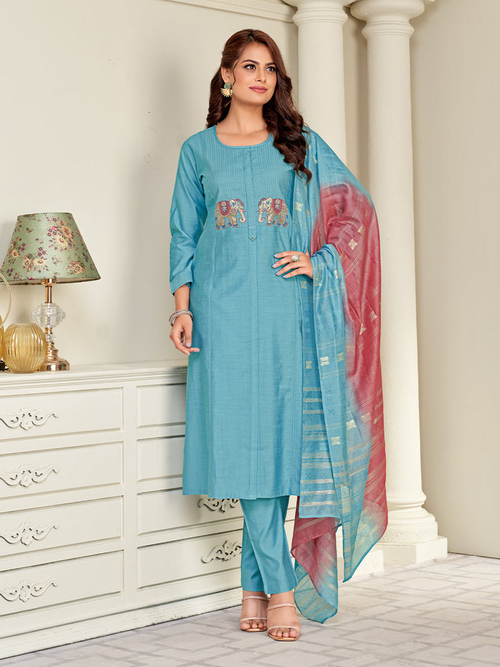 Sky Blue Embroidered Suit Set