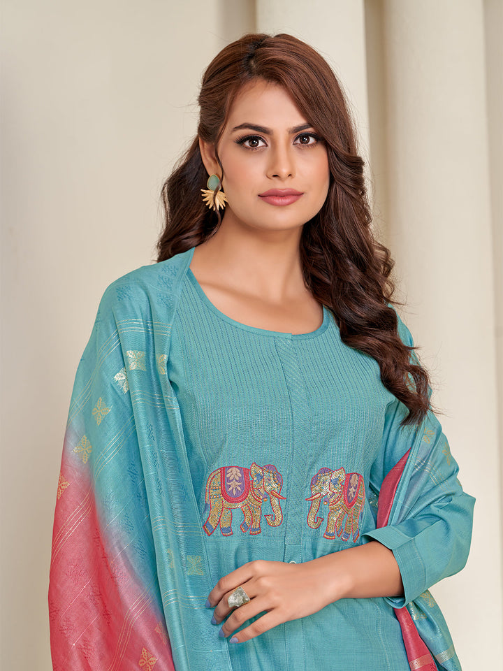 Sky Blue Embroidered Suit Set