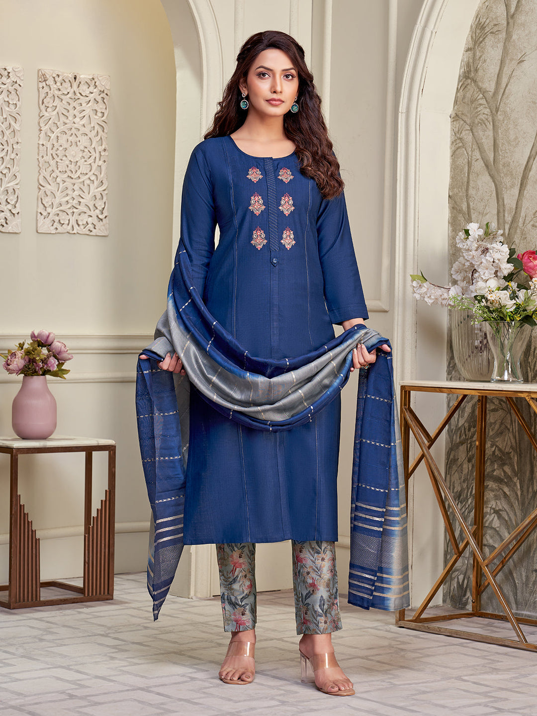 Bright Blue Embroidered Suit Set