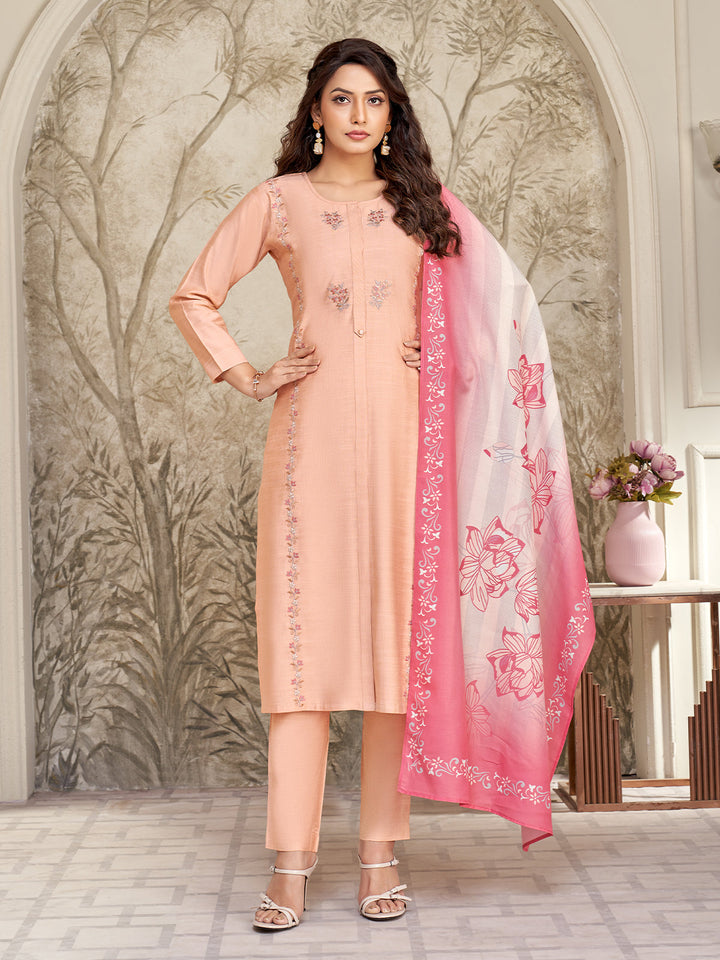 Peach Embroidered Suit Set
