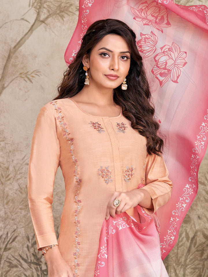 Peach Embroidered Suit Set