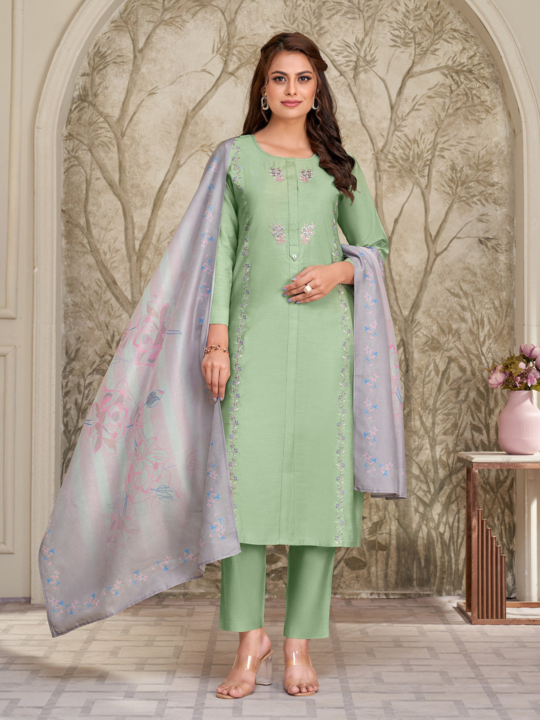 Mint Green Embroidered Suit Set
