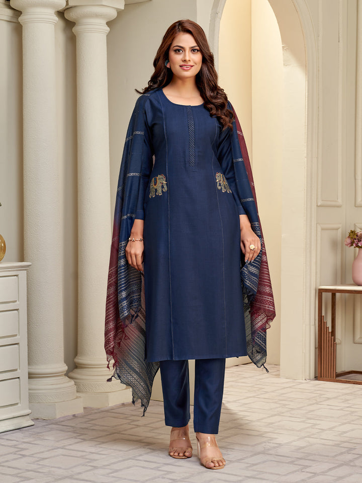 Navy Blue Embroidered Suit Set