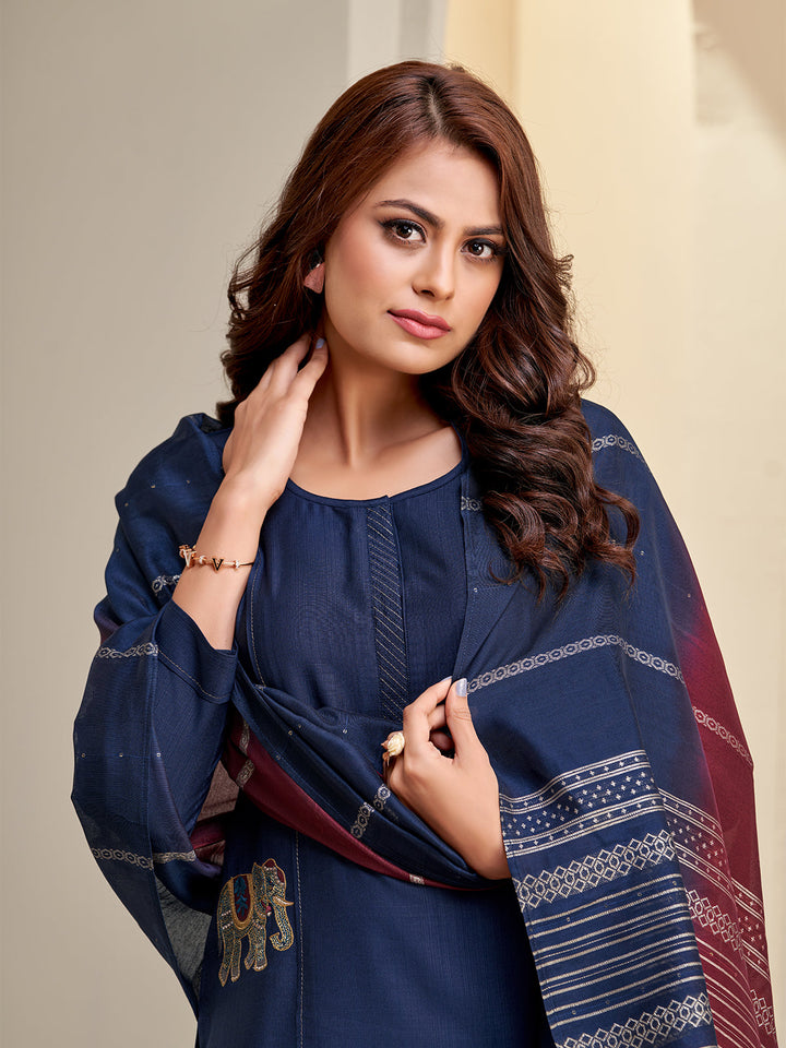 Navy Blue Embroidered Suit Set