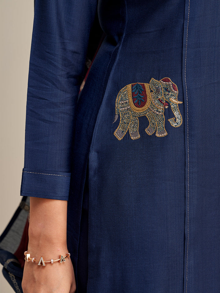 Navy Blue Embroidered Suit Set