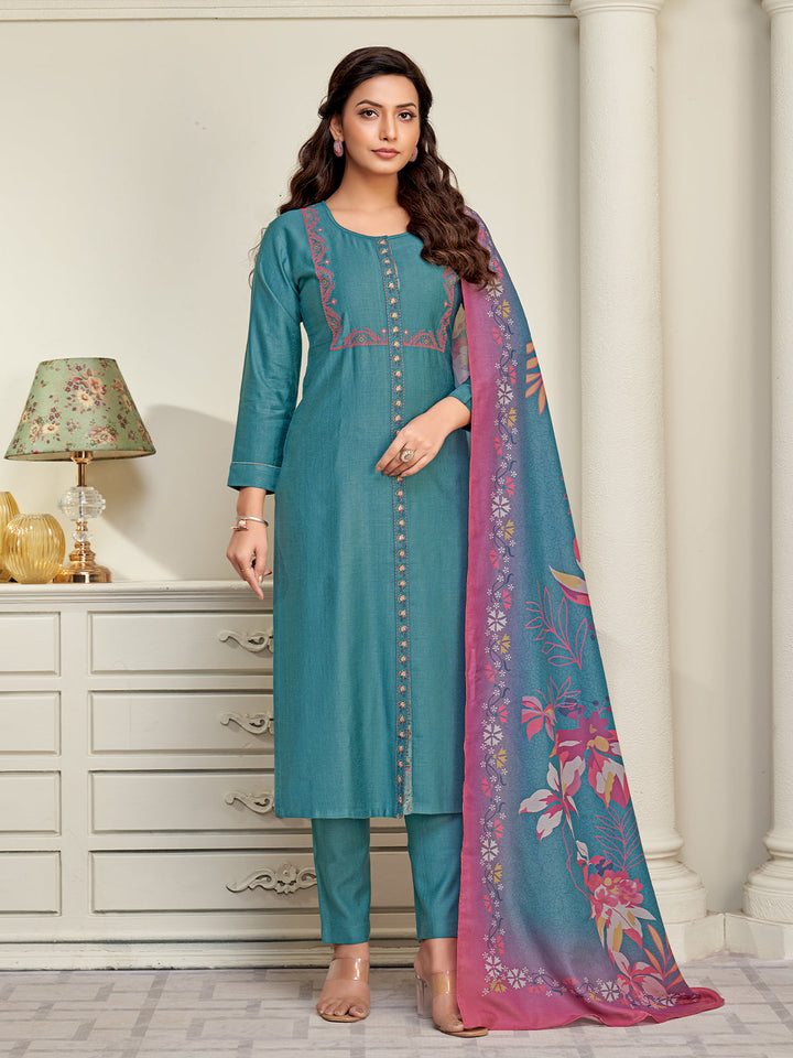 Teal Embroidered Suit Set