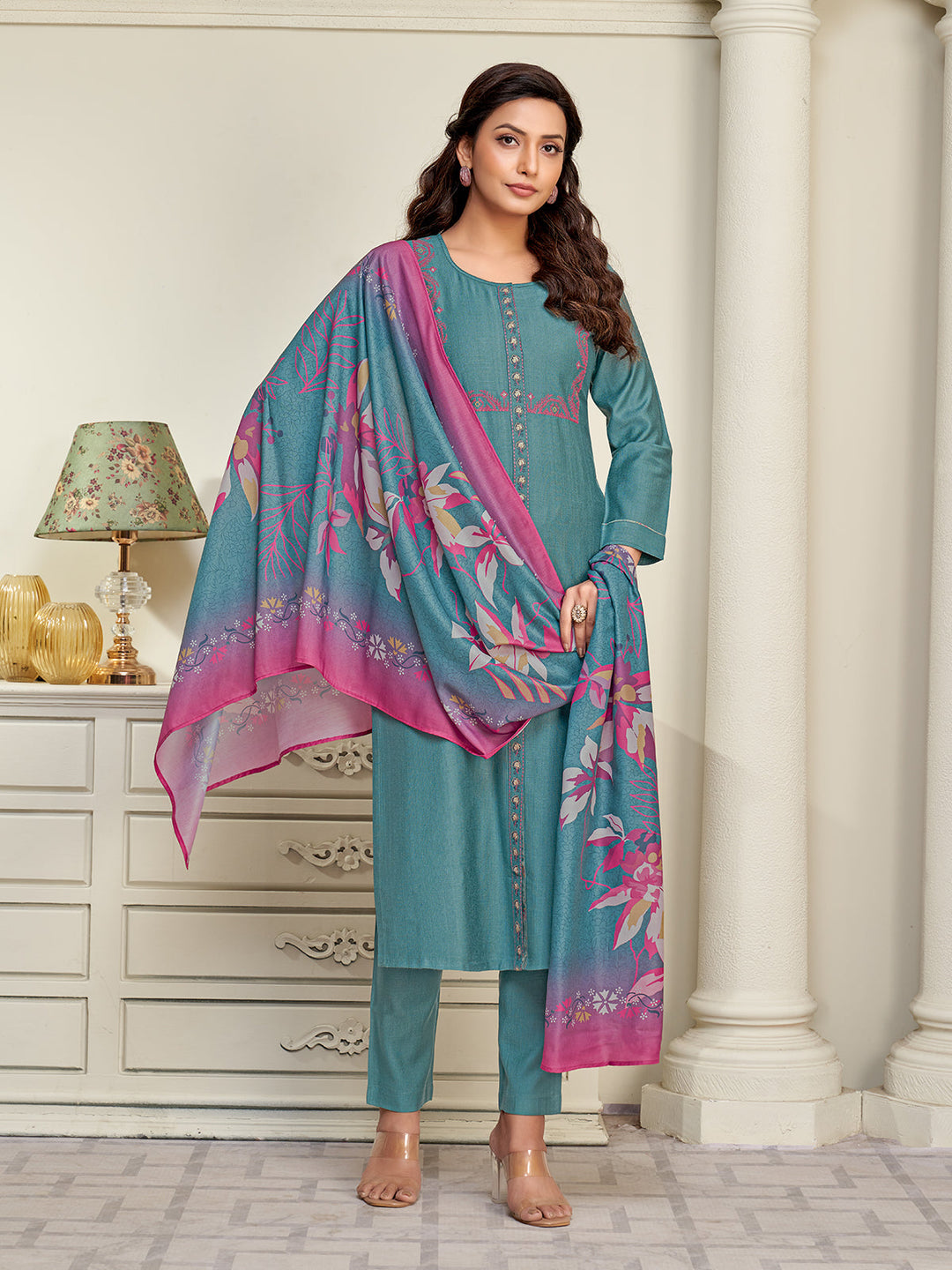 Teal Embroidered Suit Set