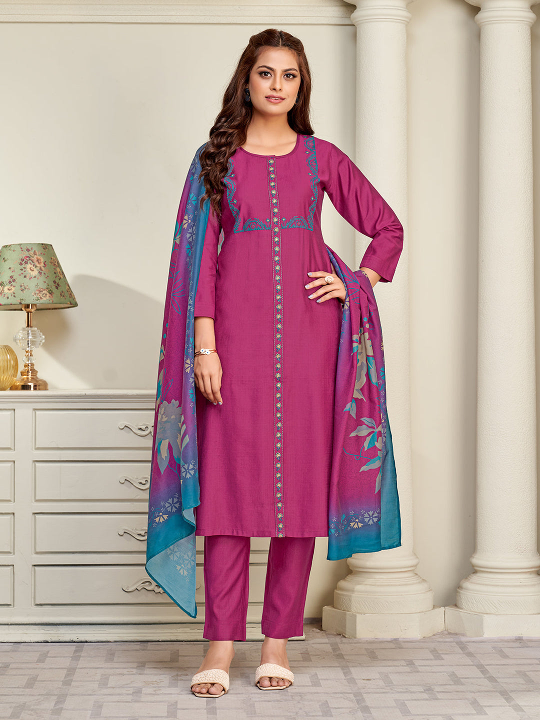 Magenta Embroidered Suit Set