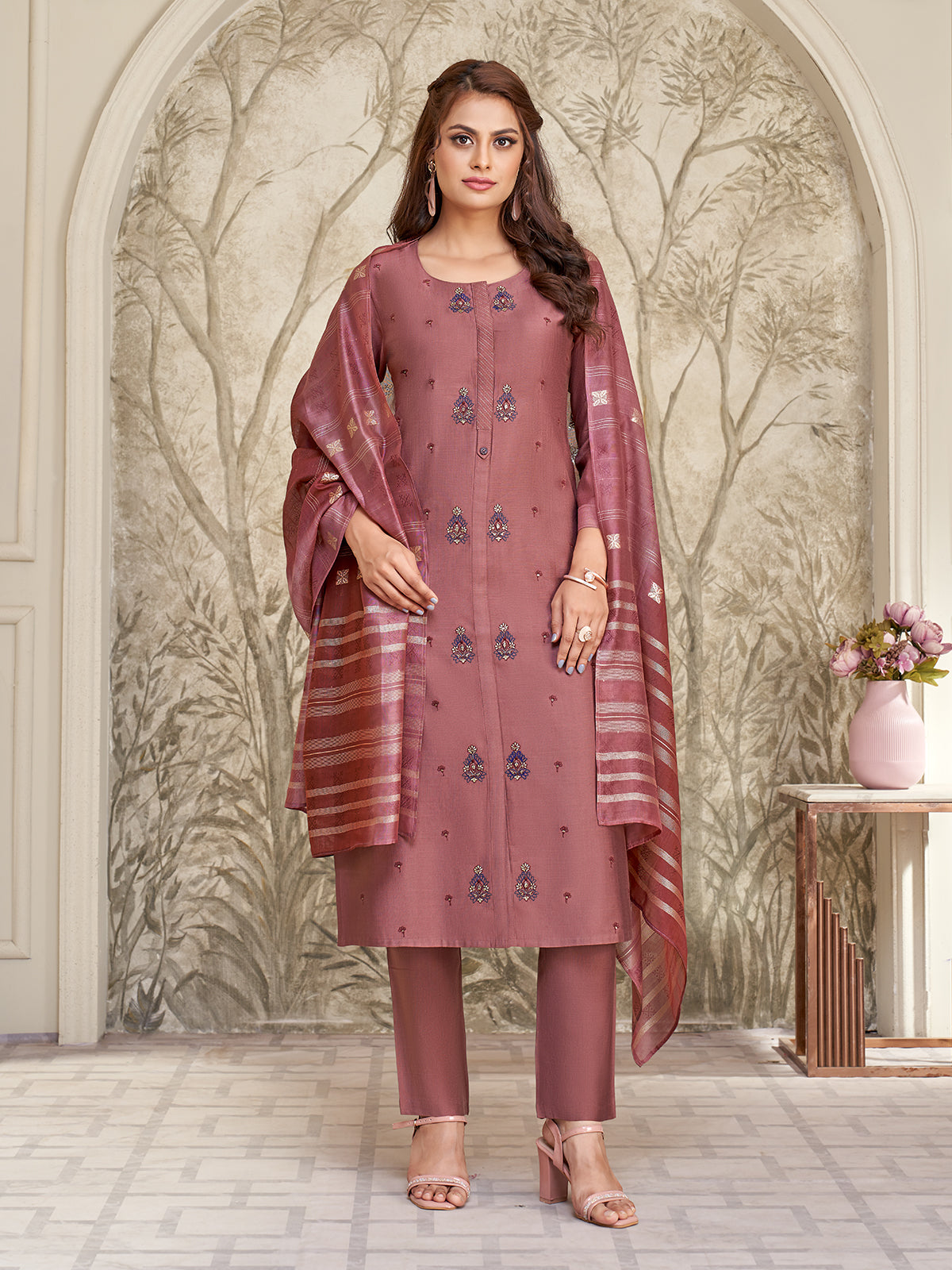 Earthy Rust Earthy Rust Embroidered Suit Set – Dressline Fashion