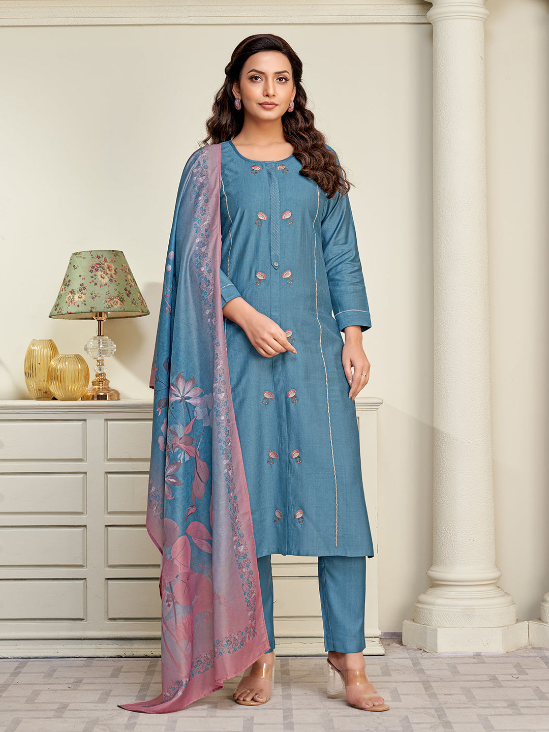Dusty Blue Embroidered Suit Set