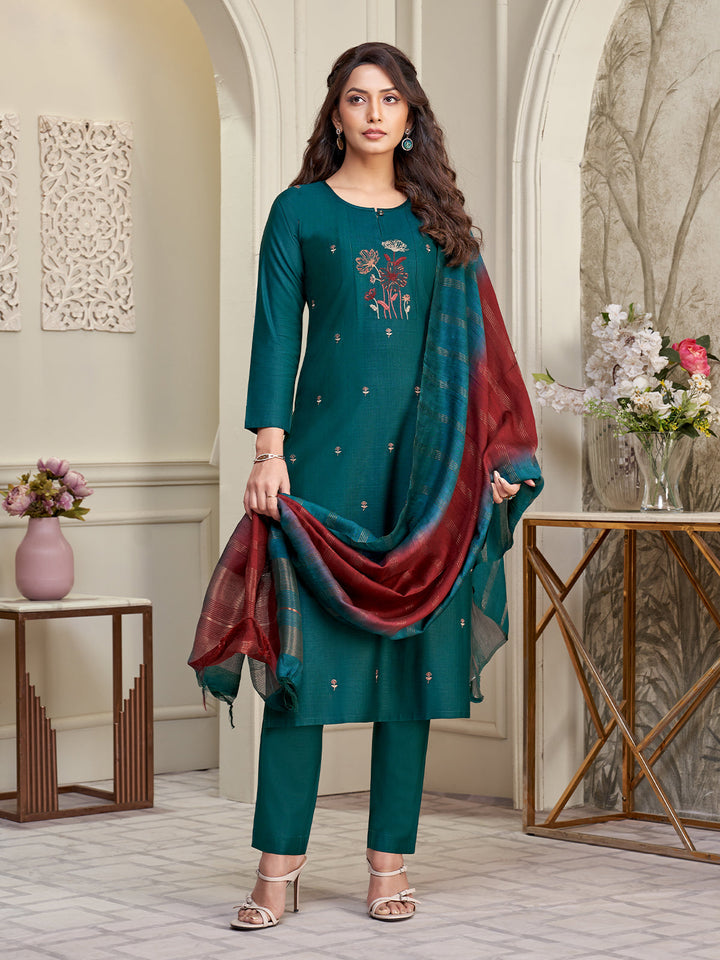 Teal Embroidered Suit Set