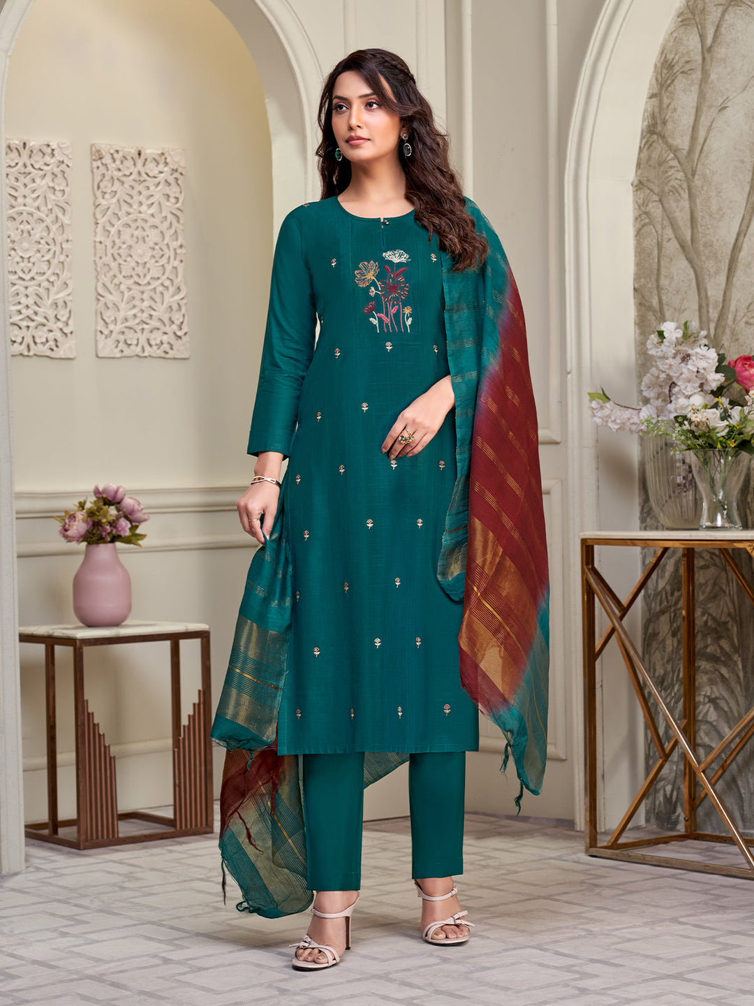 Teal Embroidered Suit Set