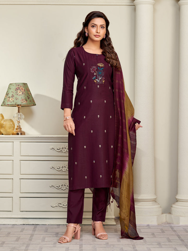 Wine Embroidered Suit Set