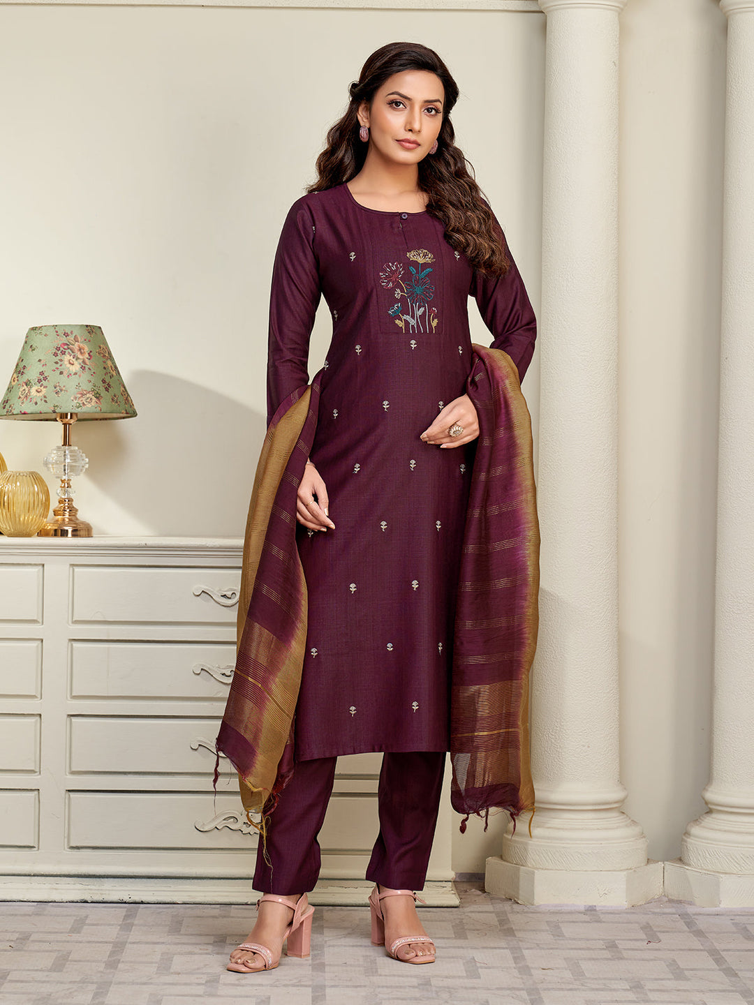 Wine Embroidered Suit Set