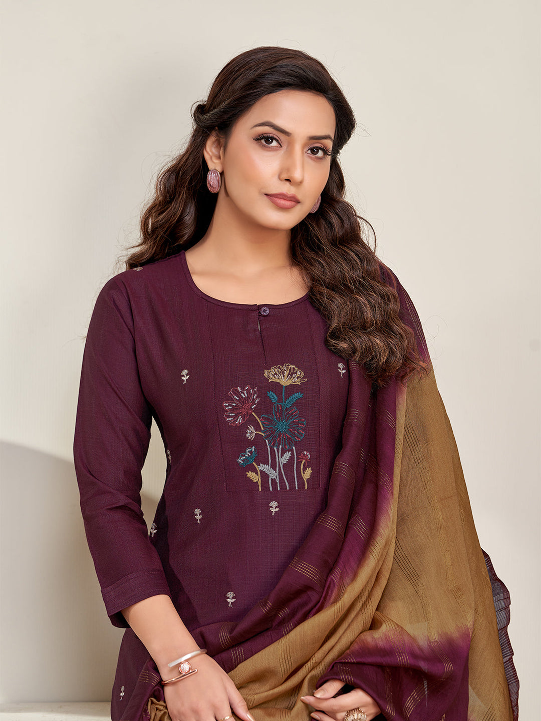 Wine Embroidered Suit Set