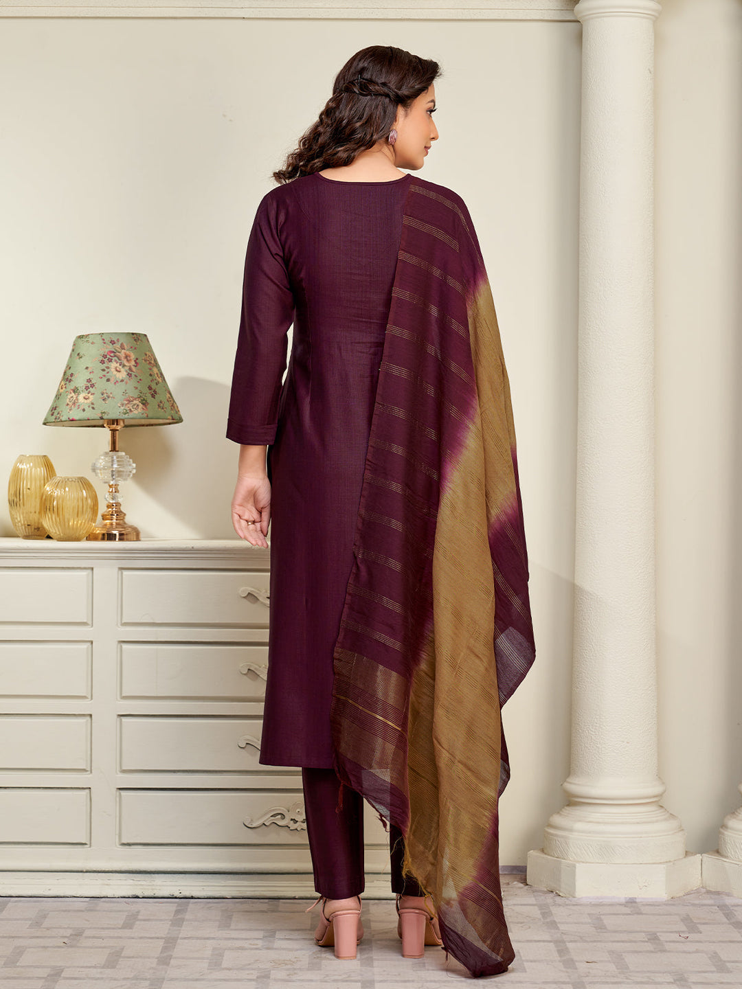 Wine Embroidered Suit Set