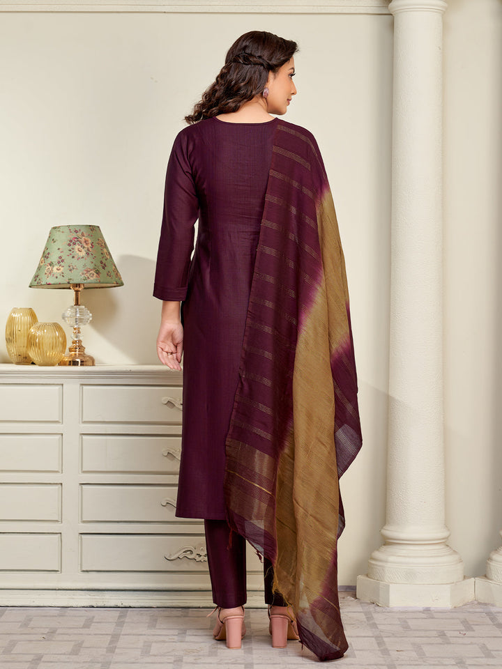 Wine Embroidered Suit Set