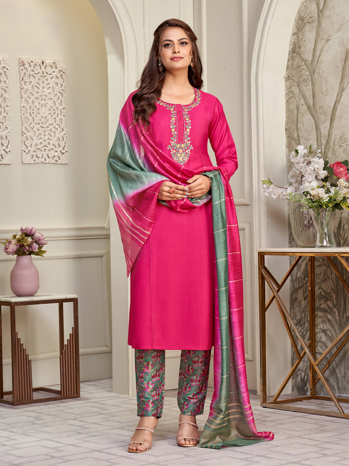 Bright Pink Embroidered Suit Set