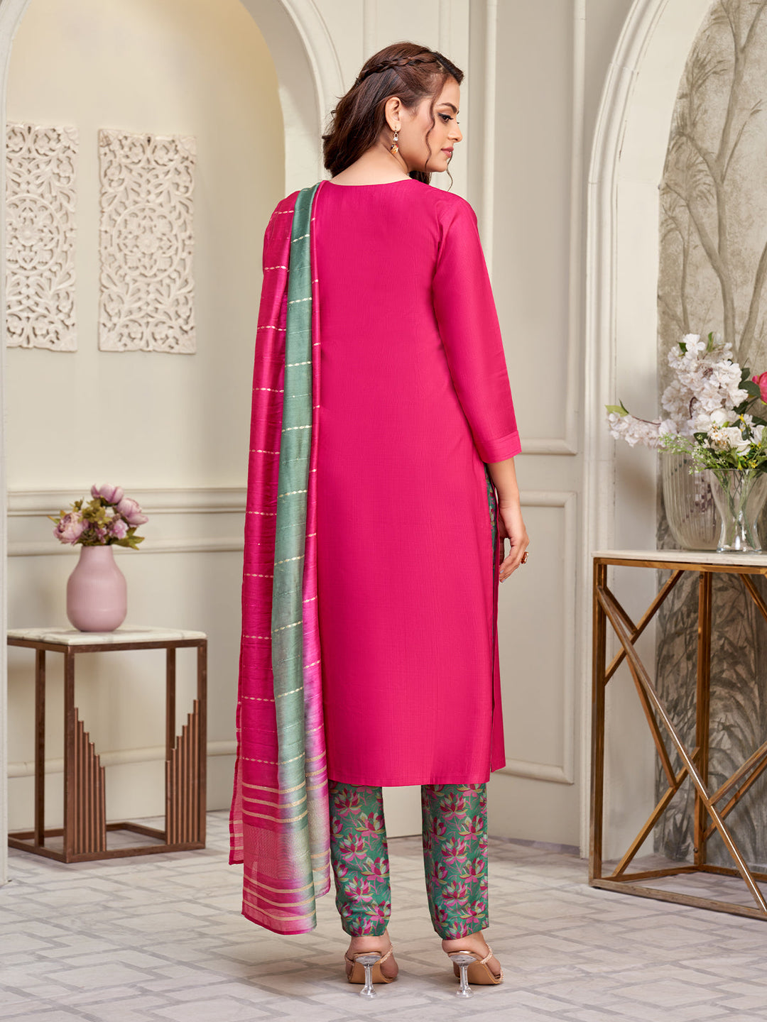 Bright Pink Embroidered Suit Set