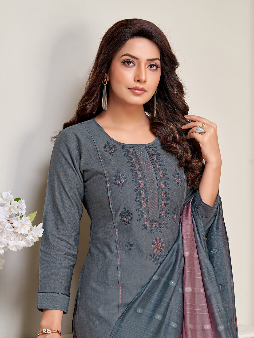 Grey Embroidered Suit Set