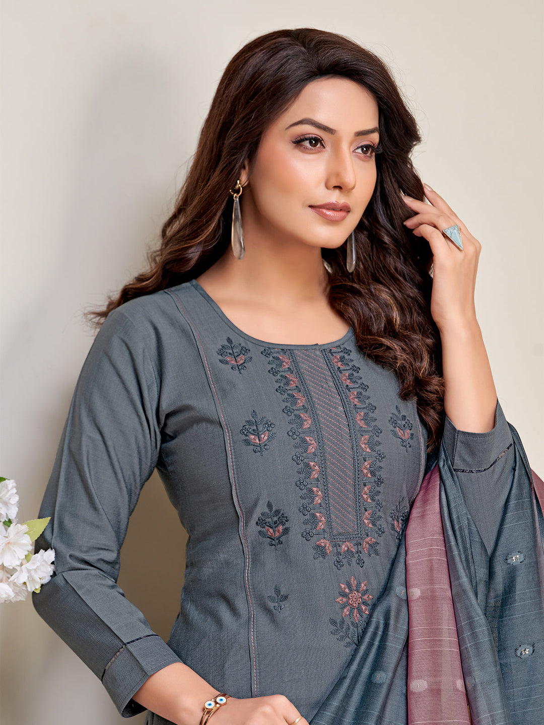 Grey Embroidered Suit Set