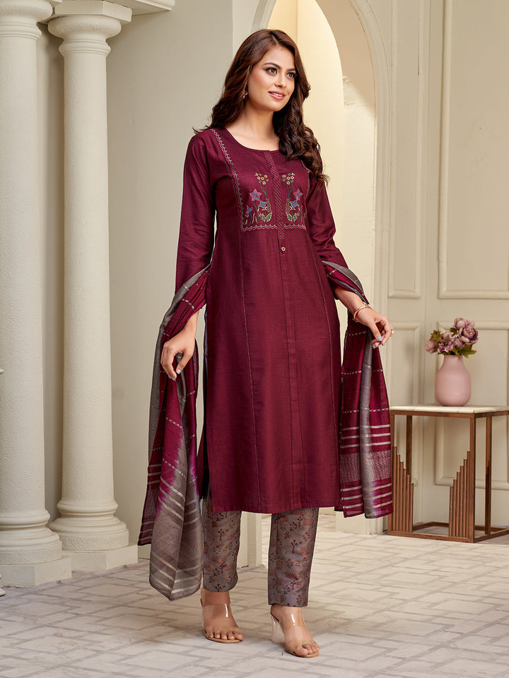 Maroon Embroidered Suit Set