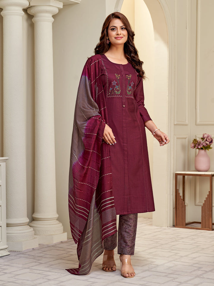Maroon Embroidered Suit Set