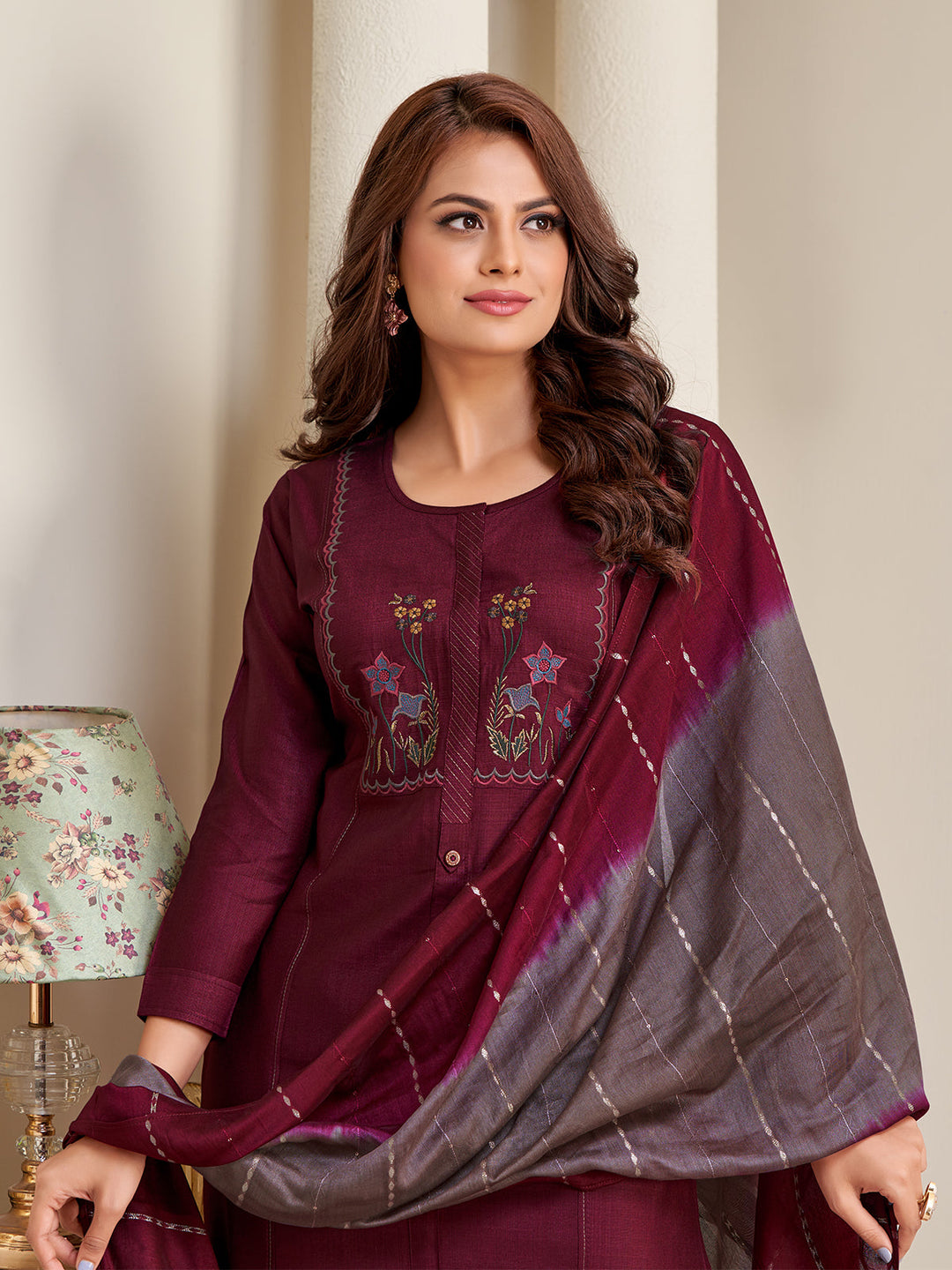 Maroon Embroidered Suit Set