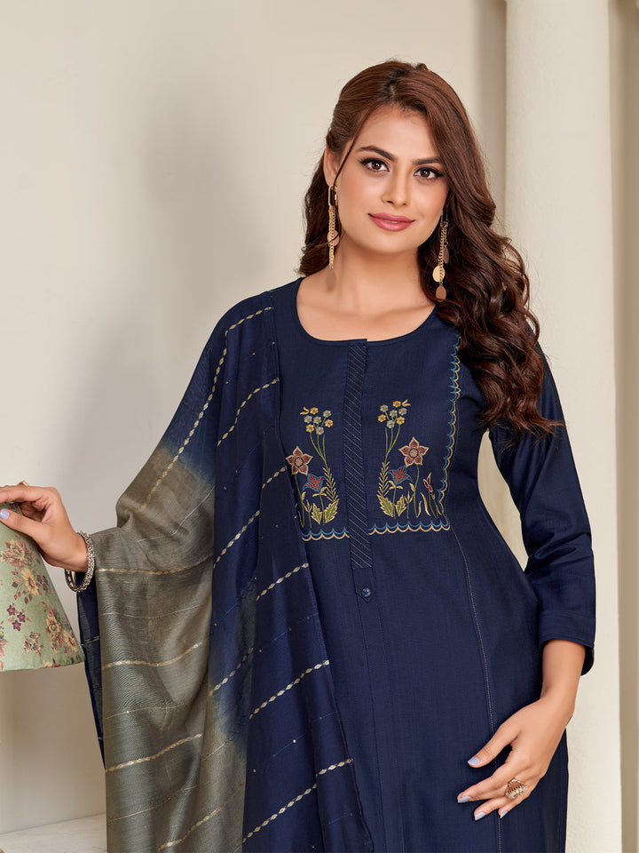 Navy Blue Embroidered Suit Set