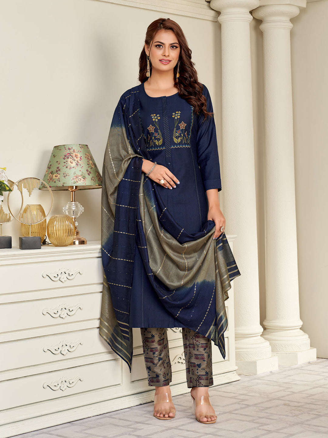 Navy Blue Embroidered Suit Set