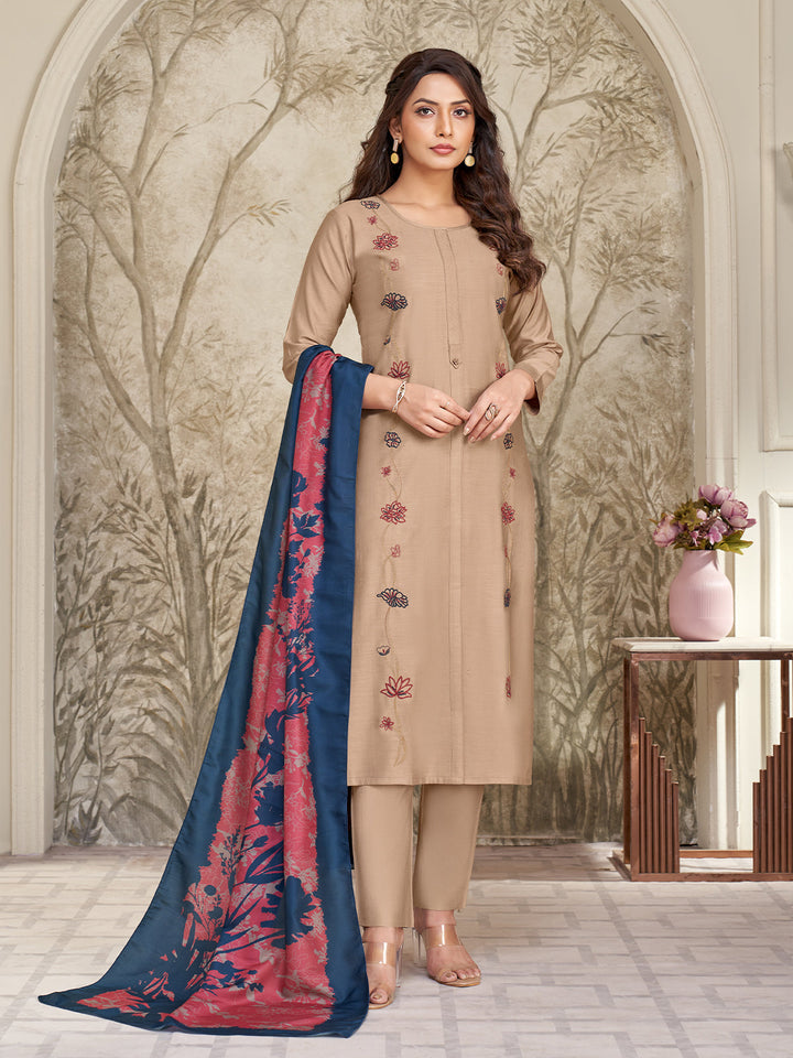 Beige Embroidered Suit Set