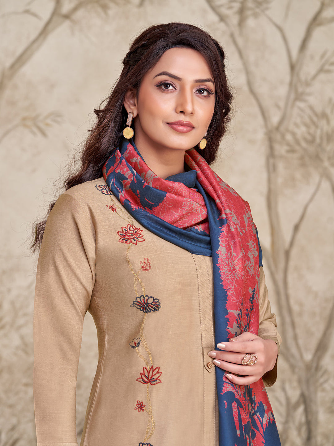Beige Embroidered Suit Set