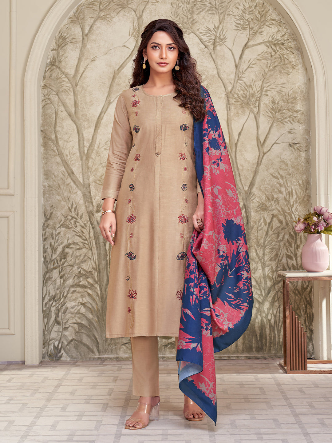 Beige Embroidered Suit Set
