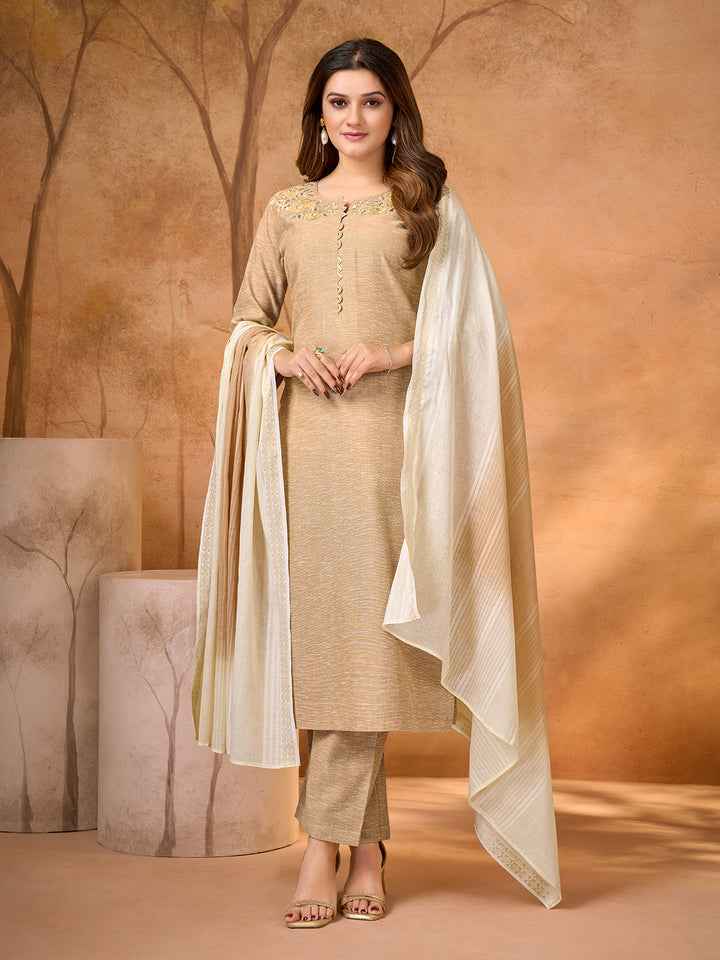 Beige Bloom Embroidered Suit Set