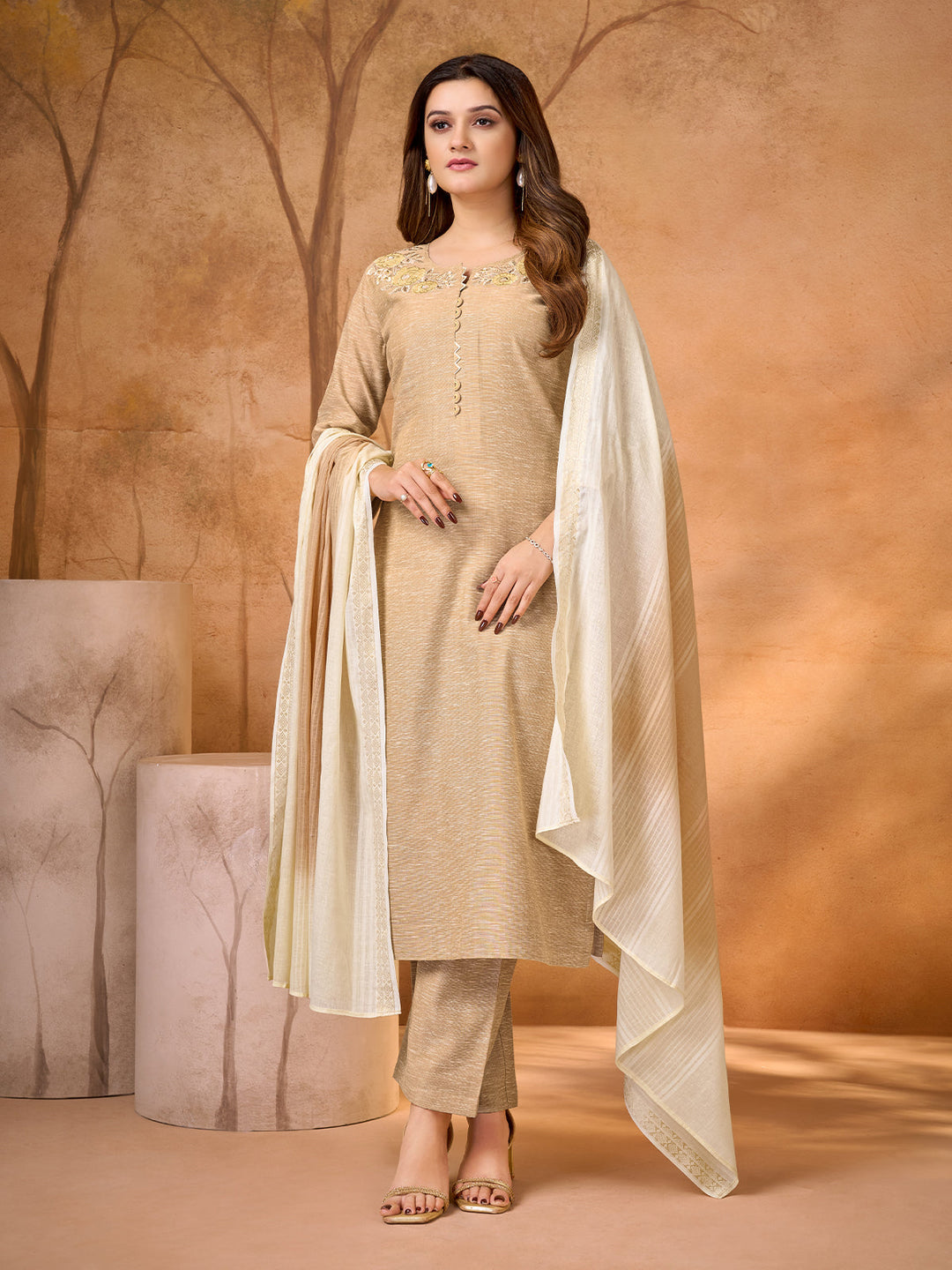 Beige Bloom Embroidered Suit Set