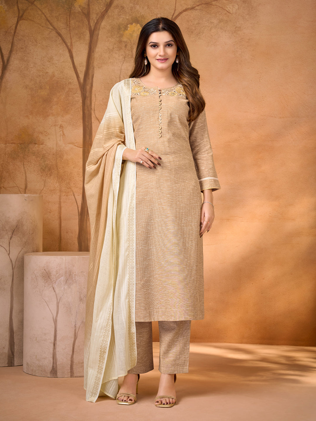 Beige Bloom Embroidered Suit Set