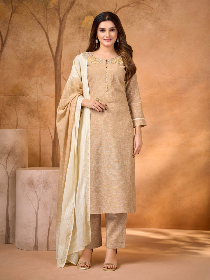 Beige Bloom Embroidered Suit Set