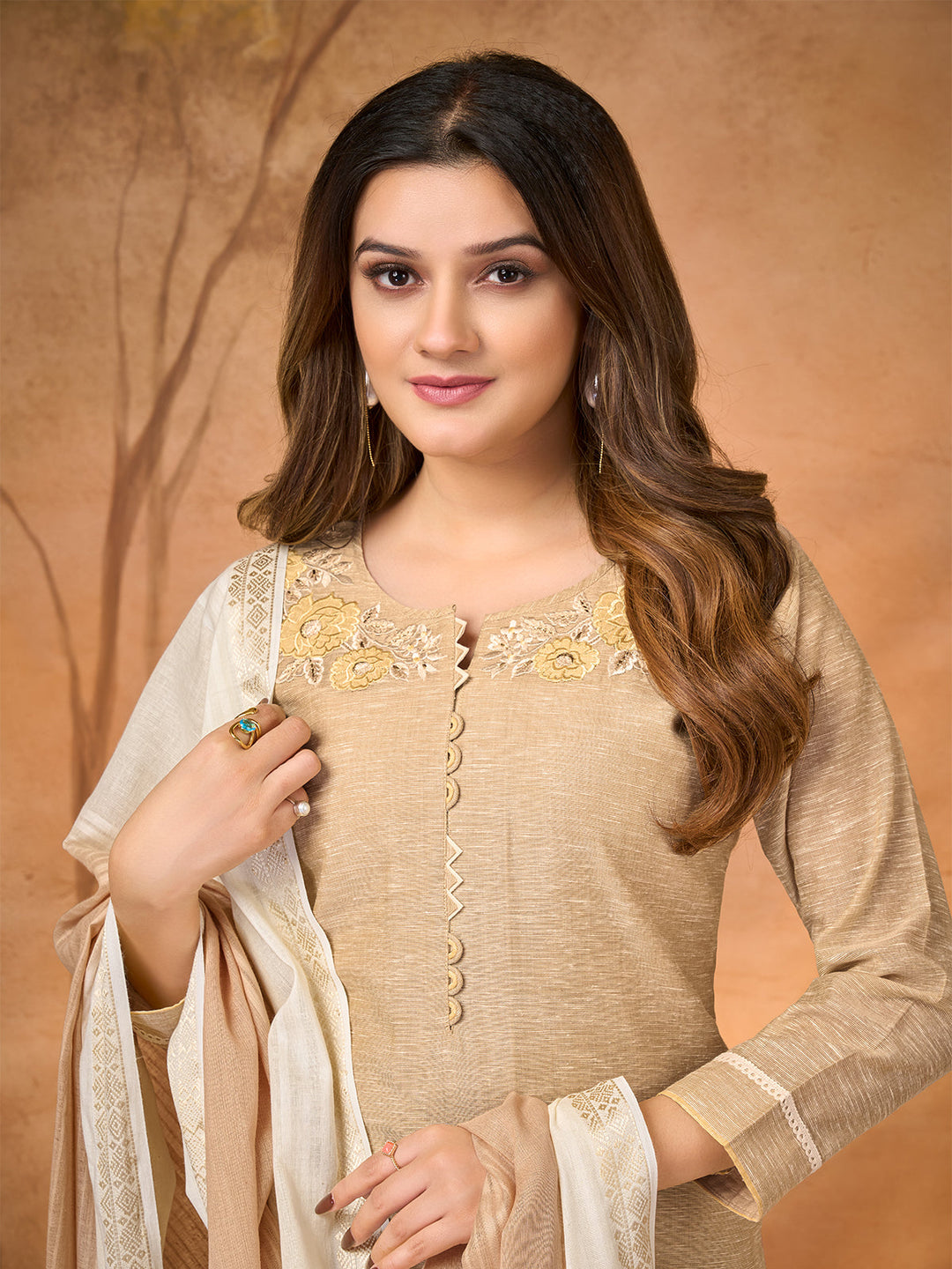 Beige Bloom Embroidered Suit Set