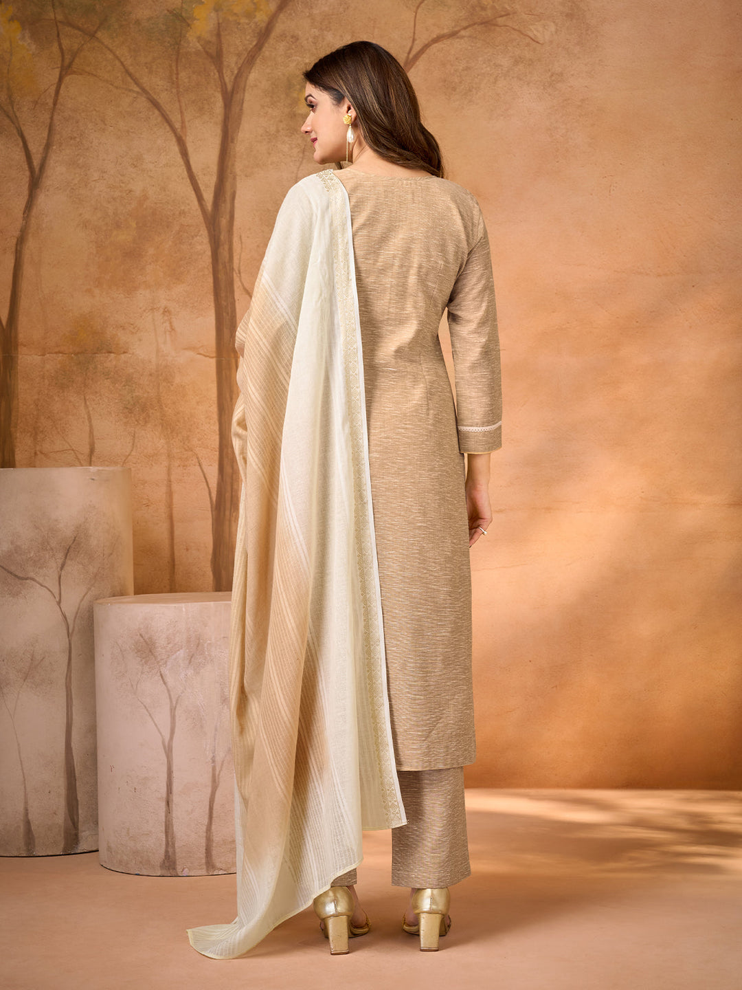 Beige Bloom Embroidered Suit Set