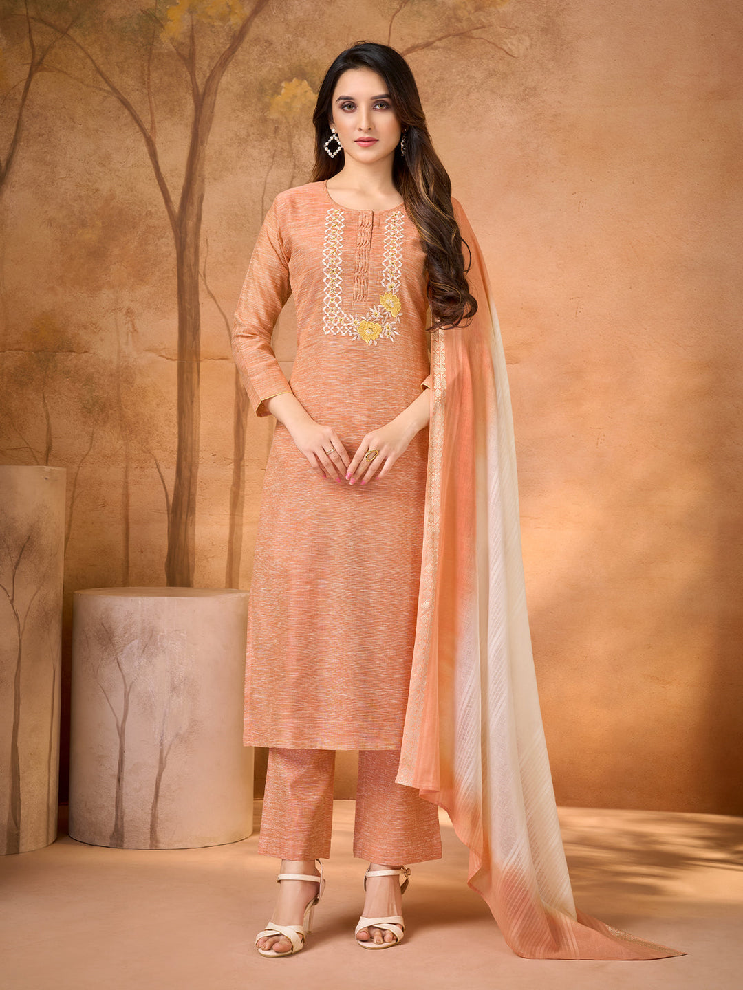 Apricot Glow Embroidered Suit Set