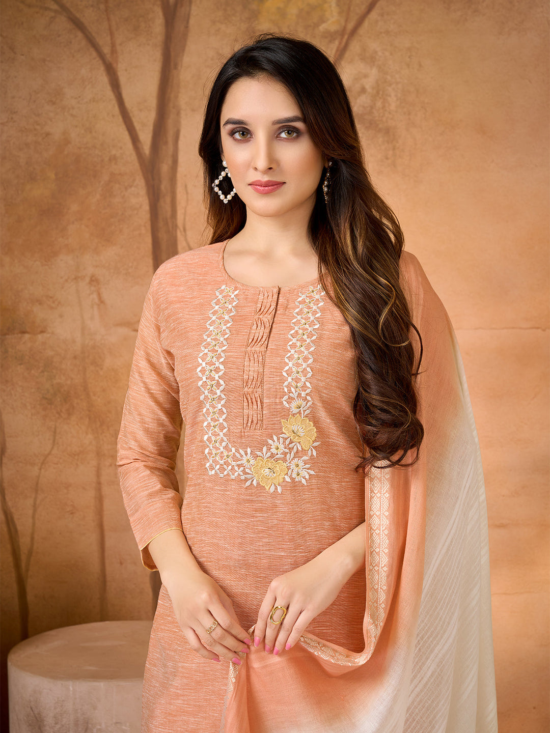 Apricot Glow Embroidered Suit Set